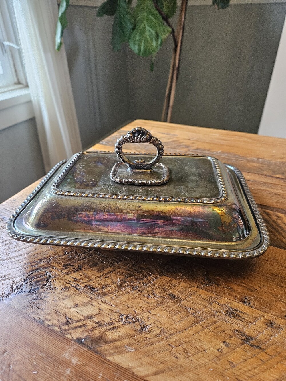 Antique Silver Plated Serving Dish w/ lid + Detachable handle